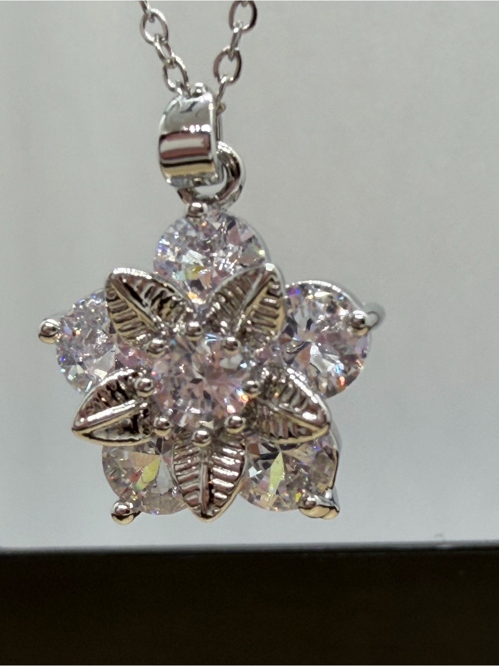 Silver Floral Crystal Pendant Necklace - Clear Sparkle